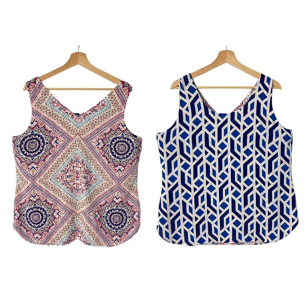 Chicos Reversible Tank Top 3 Blue Pink Print XL Sleeveless V Neck Pullover Shirt